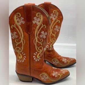 Sterling River Embroidered Leather Orange Western Boots Sz 8.5